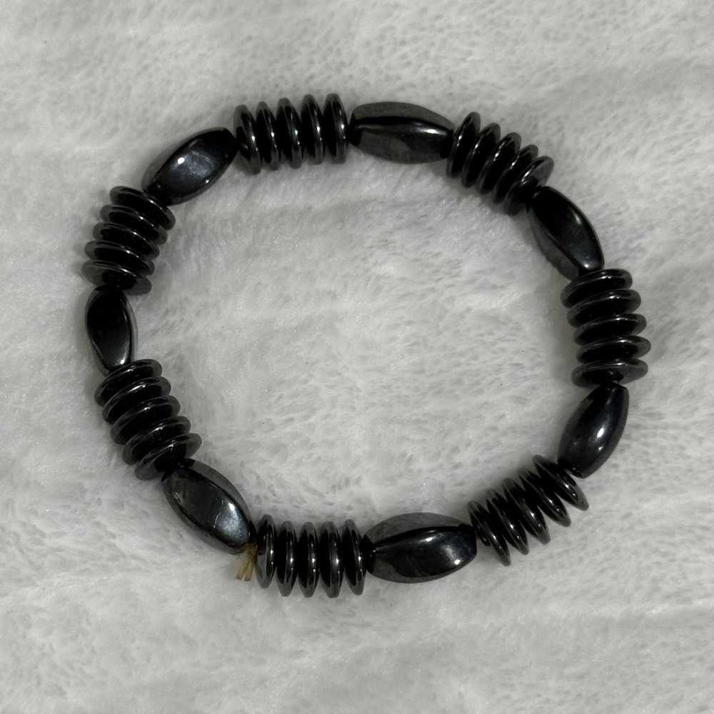 Vintage Black Beaded‎ Stretch Bracelet Disc & Oval Bead Statement Bracelet